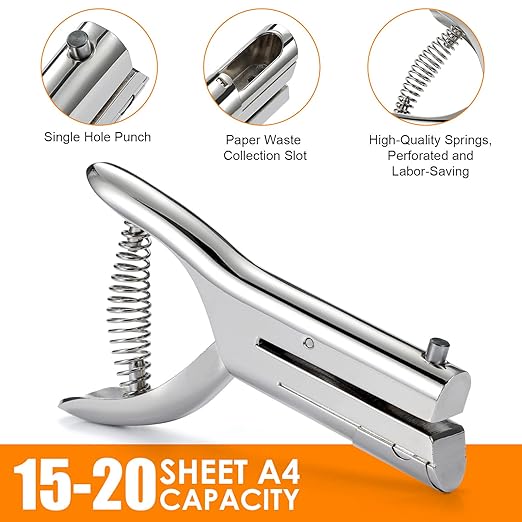Hole Punch 2" Reach 3/8 inch Single Hole Punch,Heavy Duty Hole Puncher Single,Paper Punch Portable Hand Held Long Hole Puncher for Paper Cards Plastic Cardboard (Silver) (3/8"-10mm Hole)