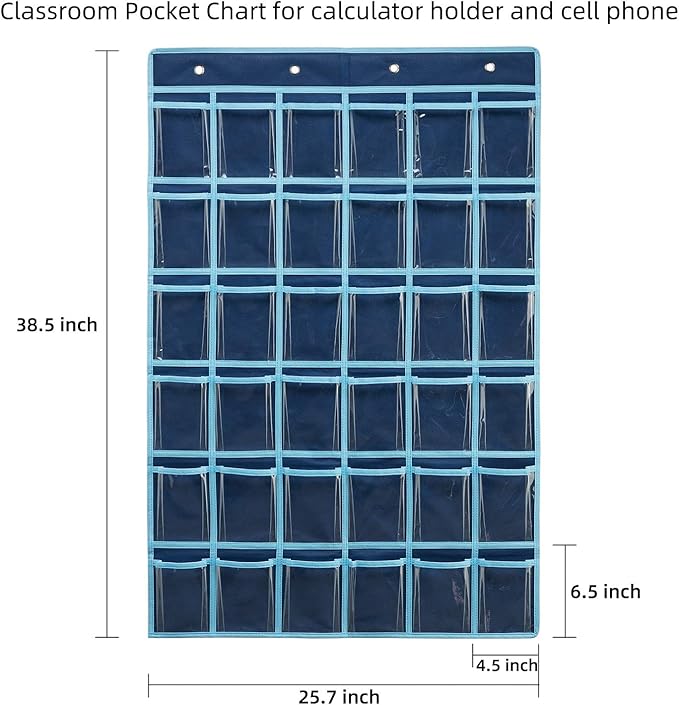 36 Clear Pockets Classroom Pocket Chart for Cell Phone and Calculator Holder, Door Hanging Pocket Chart for Classroom Phone Holder with Number Sticker and Hooks (Blue)