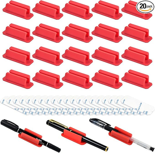 20 Pack Pen Holder Silicone,Adhesive Pen Holder for Desk,Marker Clip for Classroom Office Desk Accessories, Pencil Holder with 20 Double Sided Extra Sticky Tape (Red)