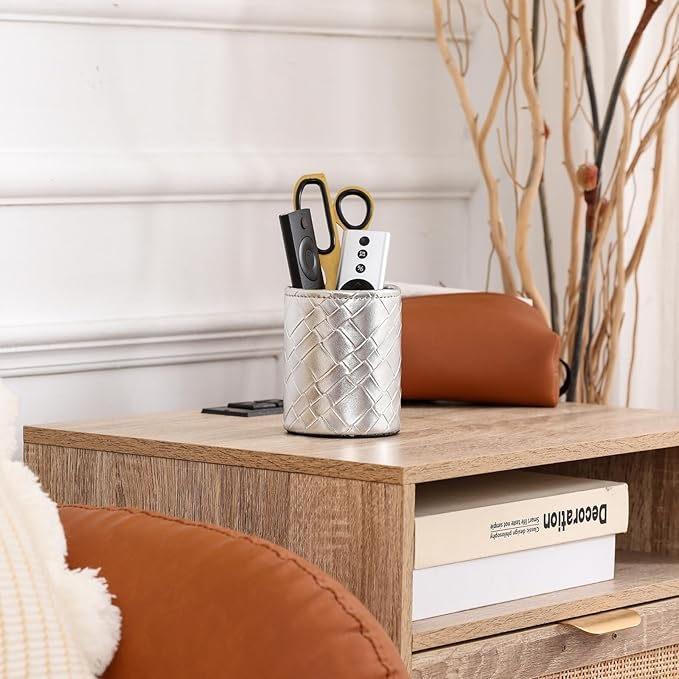 Pen Holder for Desk Cute, PU Leather Pen Stand for Cosmetics Office Organization, Makeup Brush Cup Silver Grid PH112