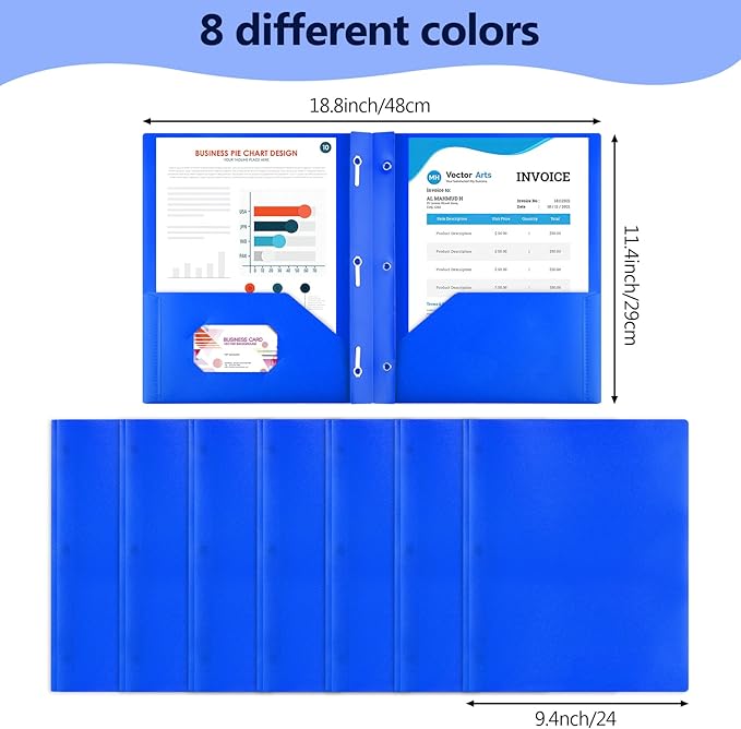 8 Pack Plastic Folders With 2 Pockets, Colorful Letter Size File Folders With Prongs and Business Card Slots for School Office