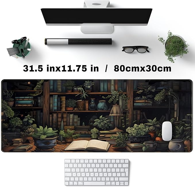 Desk Mat Green Bonsai Library Book Mouse Pad Big Vintage Aesthetic Desk Pad Flower Plant Extended Mouse Pad Large Gaming Mousepad XXL Keyboard Mouse Mat Desktop Mat Office Desk 31.5 X 11.8 in