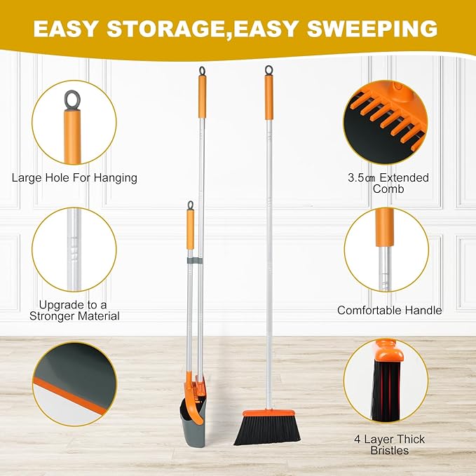 Dirty Fox Broom and Dustpan Set with 54 Inch Long Handle - Perfect Dust Pan and Brush Combo for Home Efficient Cleaning (Orange and Grey)
