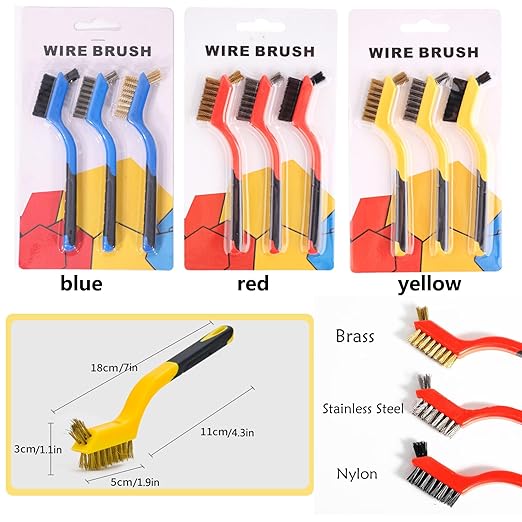 Wire Brush Set 3Pcs, Nylon/Brass/Stainless Steel Bristles with Curved Handle Grip for Cleaning with Curved Handle Grip for Rust Removal, Dirt, Paint Scrubbing Yellow