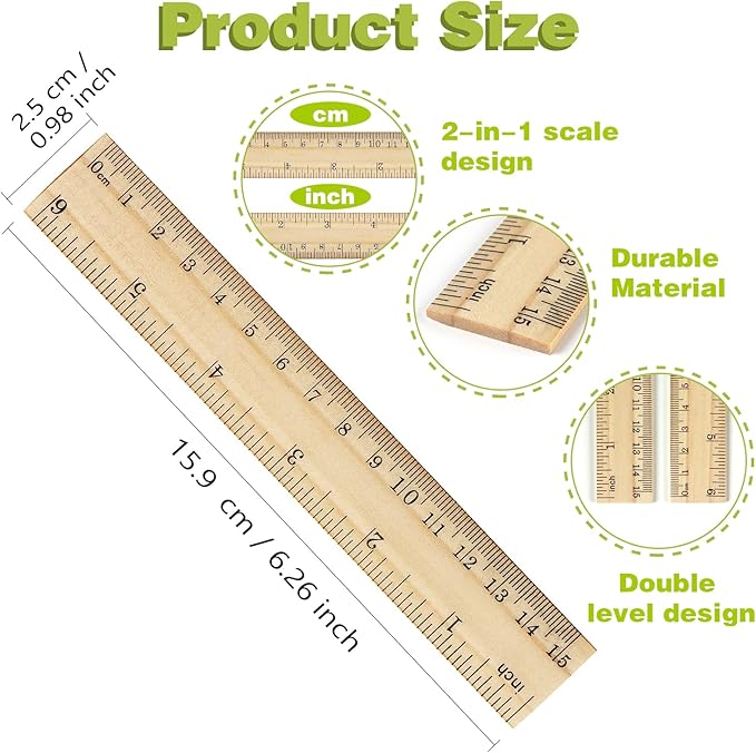 ZZTX 3 Pack Wooden Ruler 6 Inch Rulers Bulk Wood Measuring Ruler for Students Office School Supplies 2 Scale (15 cm)