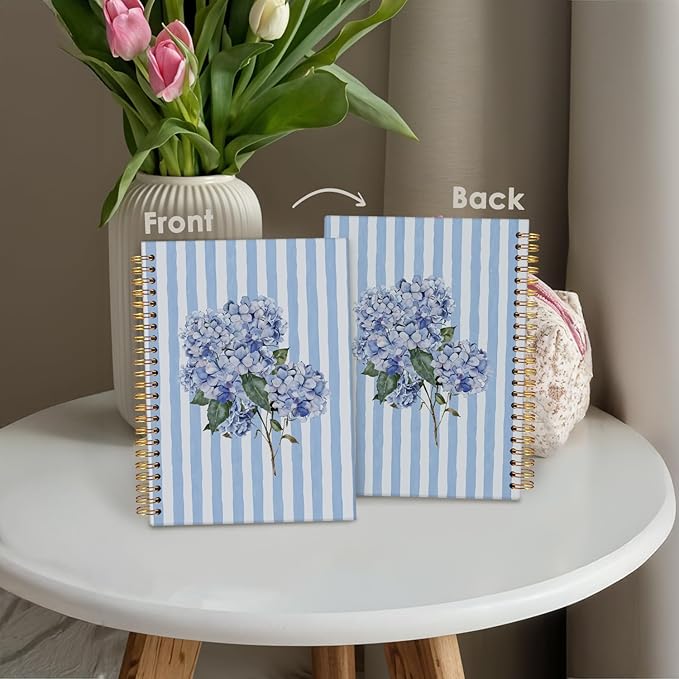 Wheatwin Blue Hydrangea Notebook Journal, Floral Hydrangea Gift for Women Girls, Blue Floral Notebooks Office Supplies Hardcover Spiral Notebook, 5.5x8.3 Inch