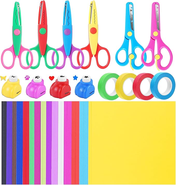 UCEC 44 Pack Scrapbook Supplies Kit, Craft Scissors Decorative Edge, Safety Scissors, Hole Punch Shapes Craft, Cardstock Paper, Washi Tapes for DIY Art, Crafts, Scrapbook, Card Making, School Supplies