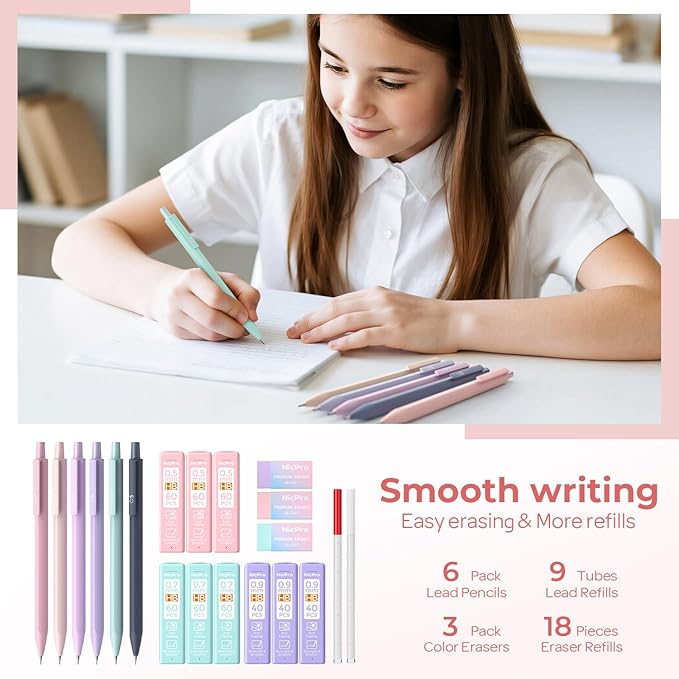 Nicpro 38PCS Aesthetic School Supplies, Pastel Mechanical Pencil Set 0.5, 0.7, 0.9 & 2.0 mm with 564PCS Lead Refills, Cute Mechanical Pencils for Girls Student Stationary Drawing Drafting - Pink Case
