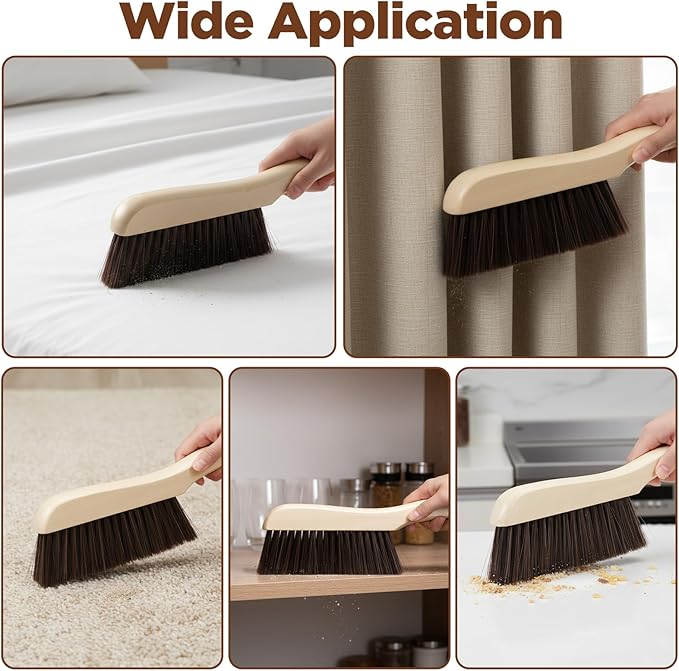 Afcabakila 6 Pieces Wooden Hand Broom, Soft Bristle Dust Brush with Long Wood Handle, Cleaning Brush for Furniture, Car, Sofa, Bed, Fireplace, Bench, Counter, Clothes, Household Cleaning, Brown