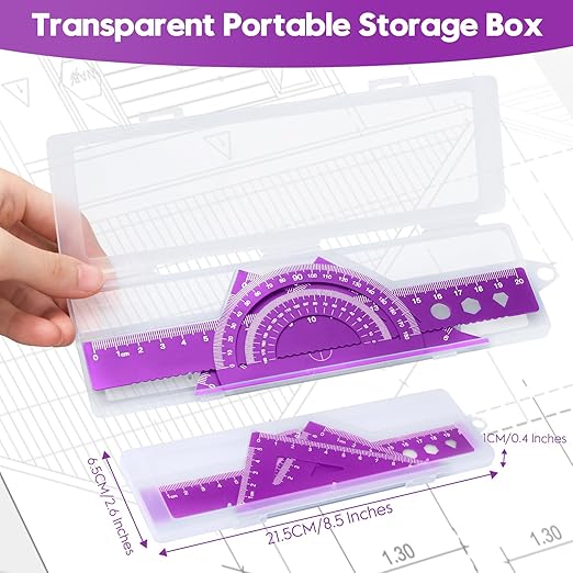 MSDADA Triangle Ruler, Protractor, Square and Ruler Set, 4 Pieces Aluminum Alloy Ruler, Metal Drafting Ruler Kit, Geometric Protractor for Student, School, Home, Office (Purple, 20cm/7.87inch)