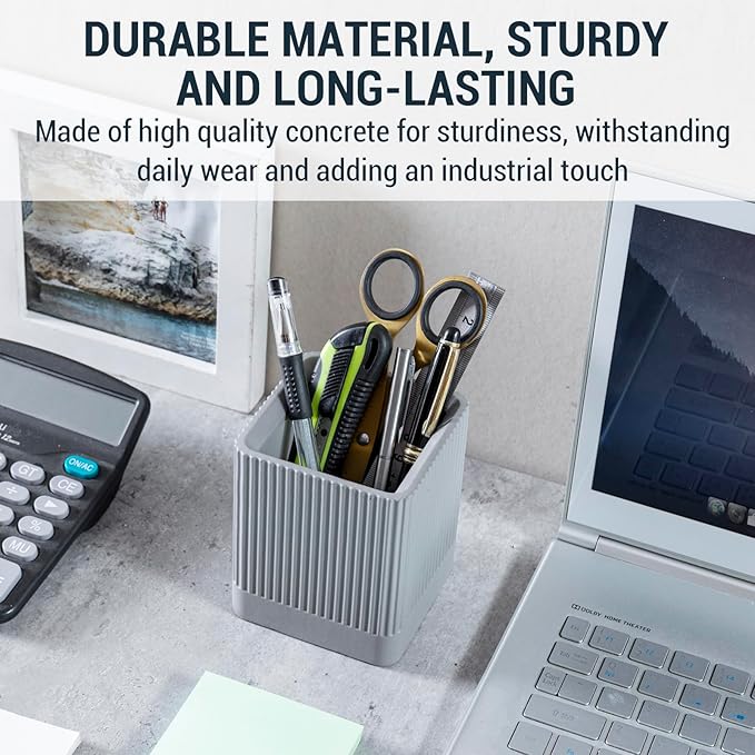 MyGift Fluted Gray Concrete Pen Holder for Desk – Modern Office Stationery Organizer for Pens, Pencils, and Supplies