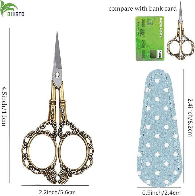 BIHRTC 4.5inch Small Sewing Scissors with Leather Case Sharp Tip Stainless Steel Scissors Vintage Shears Detail Yarn Thread Snips for Office Home Sewing Supplies Cross Stitch Needlework DIY Gold
