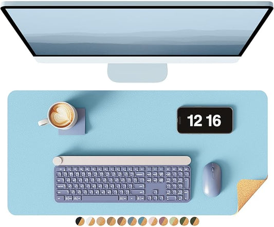 YSAGi Double-Sided Desk Pad, 23.6"x13.7" Leather Desk Mat, Eco Cork Desk Pad Protector, Large Mouse Pad for Desk, Waterproof Desk Blotter Pad, Desk Writing Pad for Office Work/Home(Baby Blue/Cork)