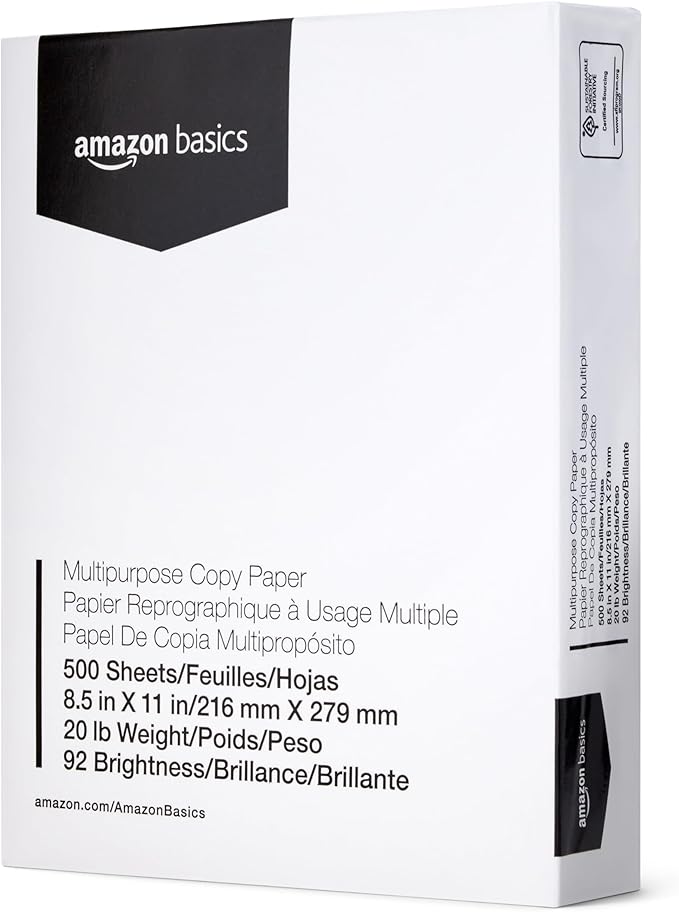Amazon Basics Multipurpose Copy Printer Paper, 20 lb, 8.5 x 11 Inches, 8 Reams (4,000 Sheets), 92 Bright, White