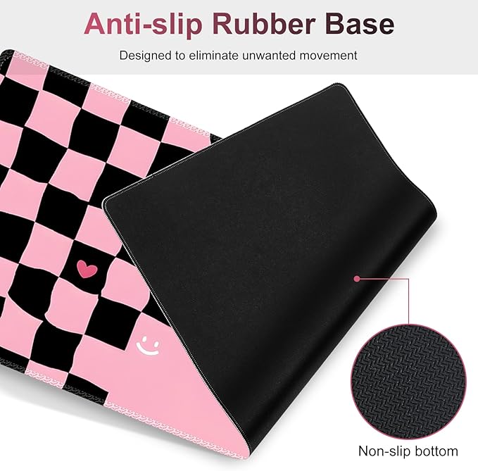 Desk Mat Gaming Mouse Pad, Cute Desk Matt Keyboard Wrist Rest for Desktop, Anti-Slip Big Mousepad Stitched Edges, XXL Large Mouse Pad with Wrist Support for Home Office I Pink Black True Love