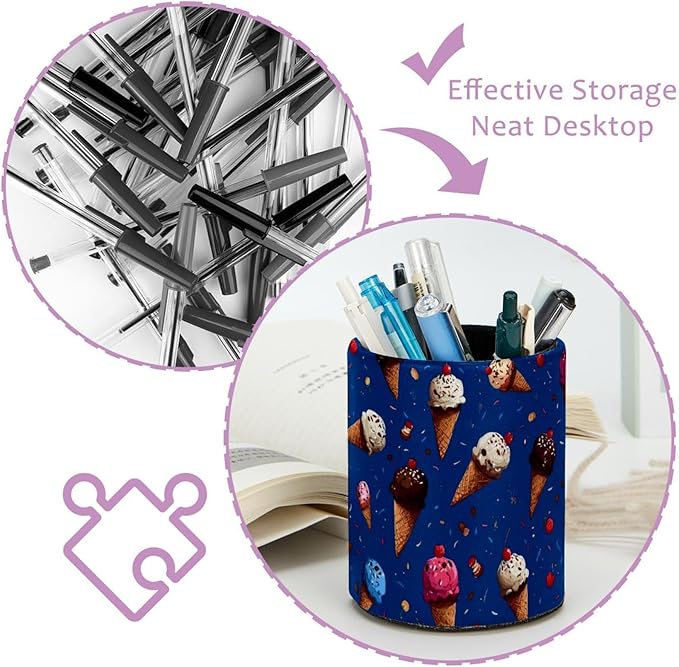 Leather Pen Holder for Desk Ice Cream Cone Pencil Cup Desktop Organizer Makeup Brush Holders Office Supplies for Home, Kids & School