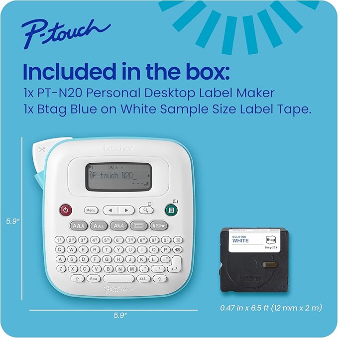 Brother P-Touch PT-N20 Personal Desktop Label Maker, Portable, Handheld and Prints, P-Touch Btag ~½” (12mm) Wide Color Personalized Label Tapes