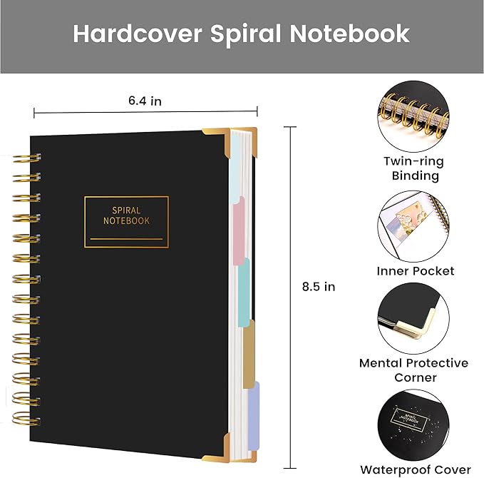 Hardcover Spiral Notebook with Tabs 6.1"x8.3" Small Spiral Lined Journals for Women Men with Dividers 200 Pages College Ruled Composition Notebook 5 Subject Notebook for Work School Gifts, Black