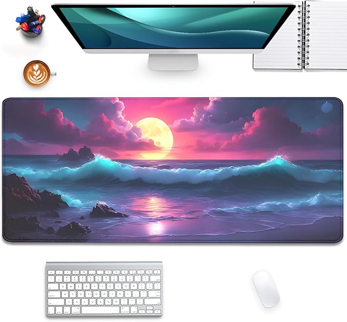 Colorful Clouds Sunset Waves Extended Desk Pad Mouse Pad,Stitched Edges Non-Slip Rubber Base XL Mouse Mat Desk Mat for Office Home Work Mousepad(27.5X11.8 Inch)