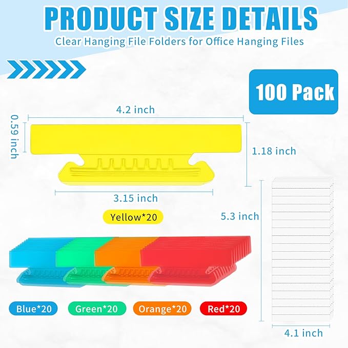 100 Pieces 4 Inch Hanging File Folder Tabs and Inserts Large Clear Plastic Hanging Folder Tabs for Filing Cabinet Folders Labels Back to School Supplies Assorted Colors (100)