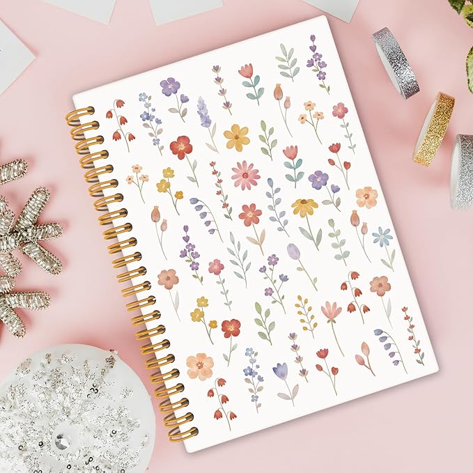 Boho Wildflower Floral Spiral Notebook Journal, Cottagecore Flower Botanical Notebooks for Note Taking, Pretty Journals for Women, Hardcover Notebook 5.5x8.3