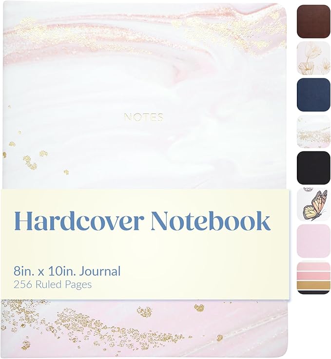 Eccolo Large Lined Journal Notebook, Hardbound Cover, Writing Journal, 256 Ruled White Pages, Ribbon Bookmark, Lay Flat, Desk Size for Work or School, Gold Foil Marble (Pink, 8x10 inches)