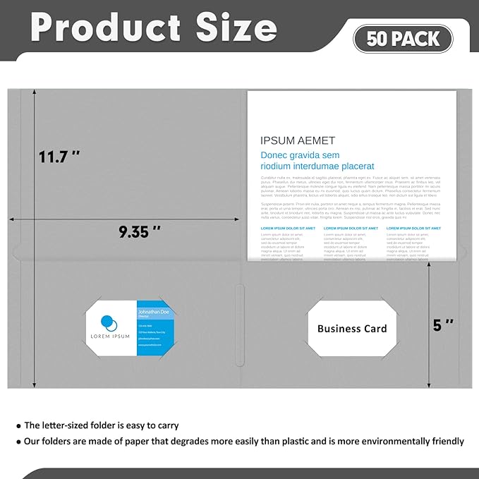 Two Pocket Folders, PANDRI 50 Pack 2 Pocket Folders, Letter Size Paper File Folder for School Office Home Business, Gray