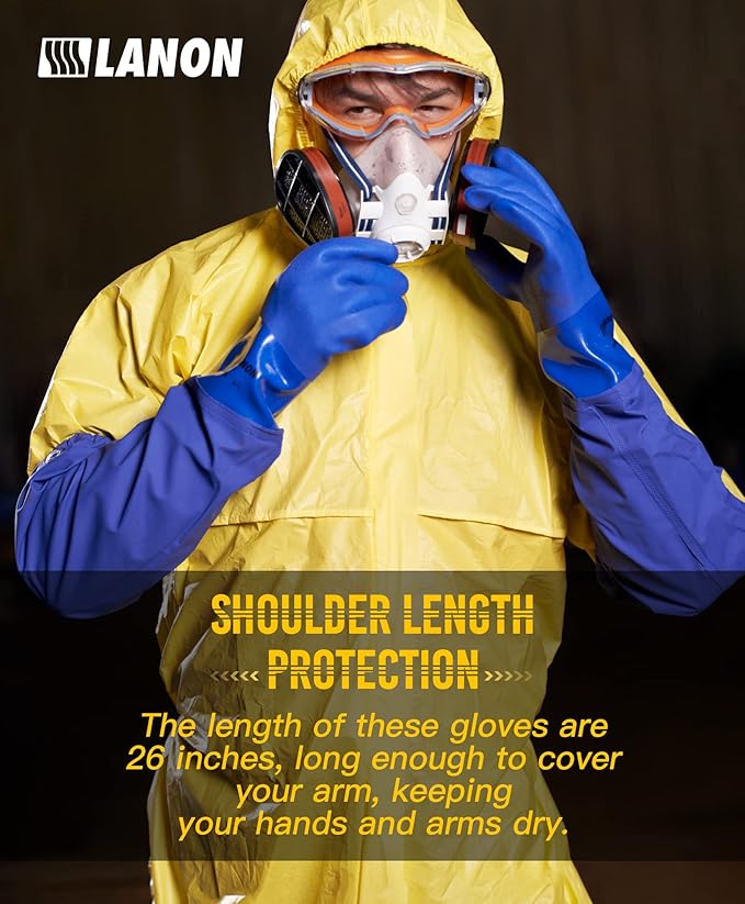 LANON 26" Elbow Length PVC Chemical Resistant Gloves, Heavy-Duty Long Rubber Gloves, Acid, Alkali & Oil Protection, Large