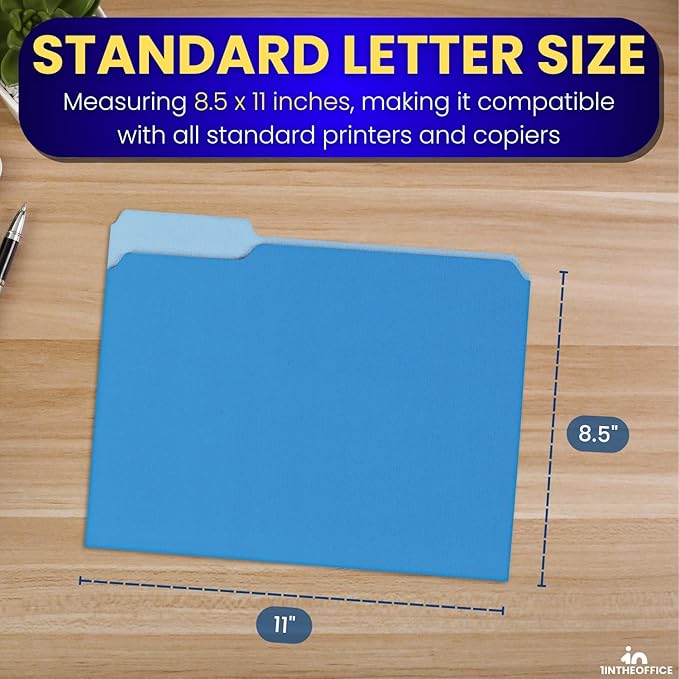 1InTheOffice Colored Interior File Folders Letter Size, File Folders 1/3 Cut Assorted Tab, Assorted Colors, 100/Pack