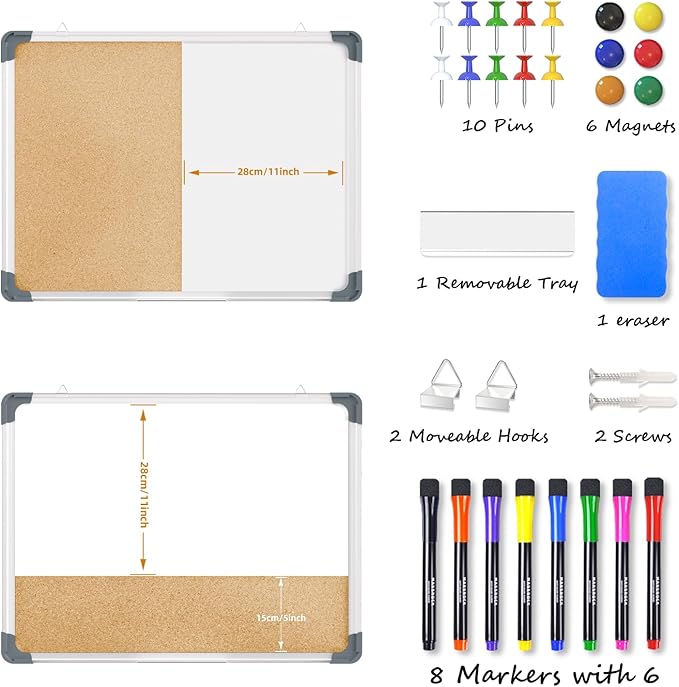 Cork Board White Board Combo, 18" x 24" Cork White Board Combination with Removable Tray, 10 Pins, Eraser, 8 Markers, 6 Magnets（Vertical）