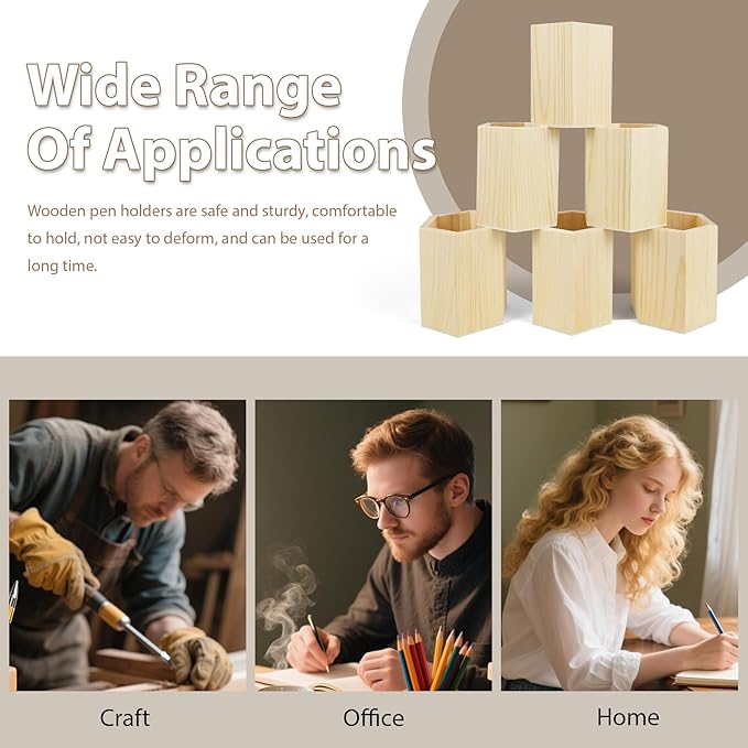 6 Pack Wood Pen Holder Unfinished Wooden Pencil Holder Pine Wood Pen Holder Stand for Desk Office Supplies Makeup Brushes Organizer (Hexagon)