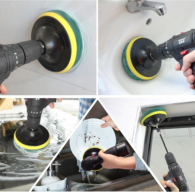 Power Scrub Pads Drill Attachment, GOH DODD 30 Pieces 5 Inch Headlight Restoration Kit Cleaning Kit Scouring Pads with Baker and Universal Shaft for Kitchen, Bathroom, Grout, Carpet, Tub, Grill,Tile