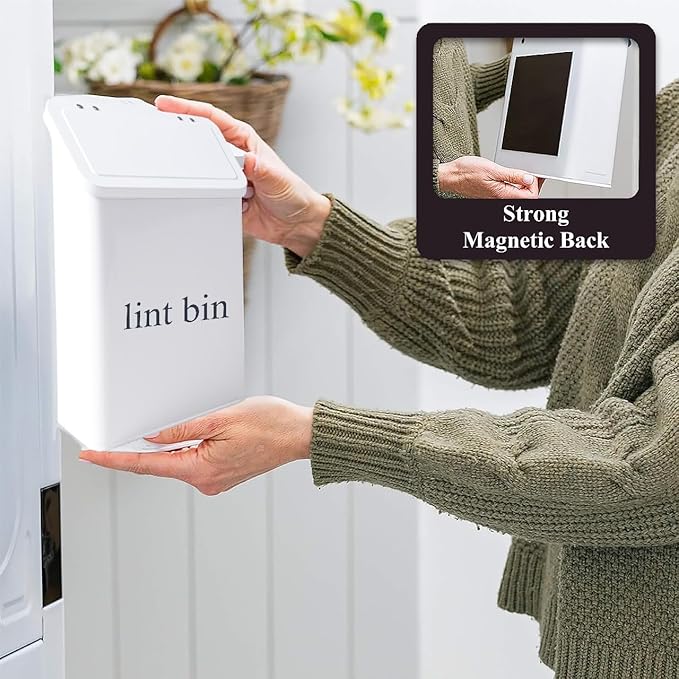 Magnetic Lint Bin with Lint Brush, Two White Hooks, one Black Back Side Hook & All Accessories for Laundry Room Decor, Wall-Mounted Lint Bin with Lid, White Powder Coated, Space-Saving Trash Can