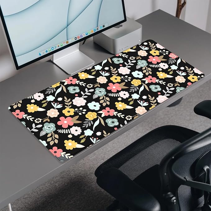 Black Cartoon Flowers Desk Pad Mouse Pad,Floral Prints Extended Large Gaming Mouse Mat with Stitched Edges,Non-Slip Waterproof Rubber Base Mousepad for Office Work Home Desk Mat(27.5X11.8 in)