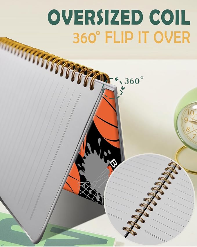 Ruled Spiral Writing Notebook,A5 Hardcover Lined College Journal for Women,Strong Twin-Wire Binding with Premium Paper,8.4" X 6",Perfect for School,Office,Home(Basketball)