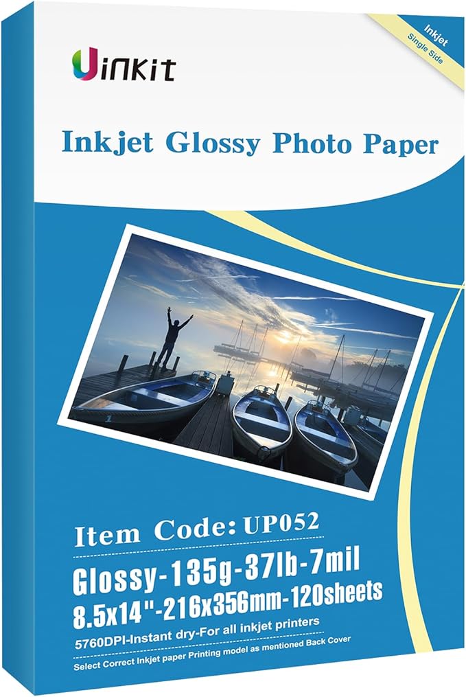 Uinkit 120sheets Thin Glossy Paper 8.5x14 Inches Legal Size 135gsm 37lb Inkjet Single Side DIY Chip Bags Printer Paper for Picture Brochure Flyer Compatible with Inkjet Printer Use DYE INK