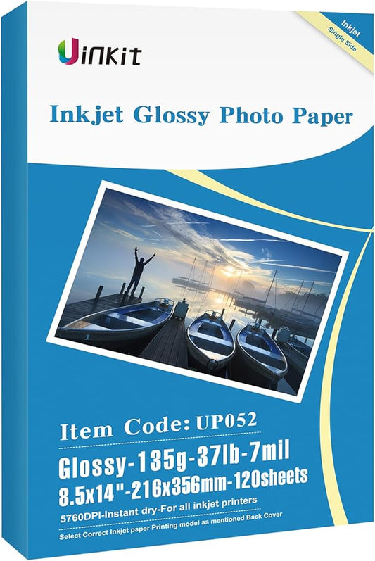 Uinkit 120sheets Thin Glossy Paper 8.5x14 Inches Legal Size 135gsm 37lb Inkjet Single Side DIY Chip Bags Printer Paper for Picture Brochure Flyer Compatible with Inkjet Printer Use DYE INK