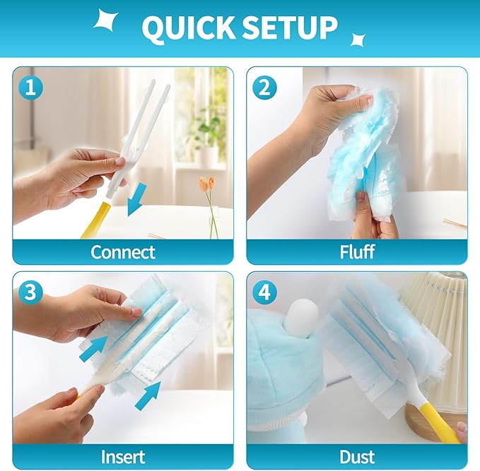 60 Count Microfibre Feather Duster Refills Compatible with Swiffer Dusters, Disposable Static Dust Removal Refills, Multi-Surface Duster with 1 Pcs Short Handle(Unscented, Pack of 1)