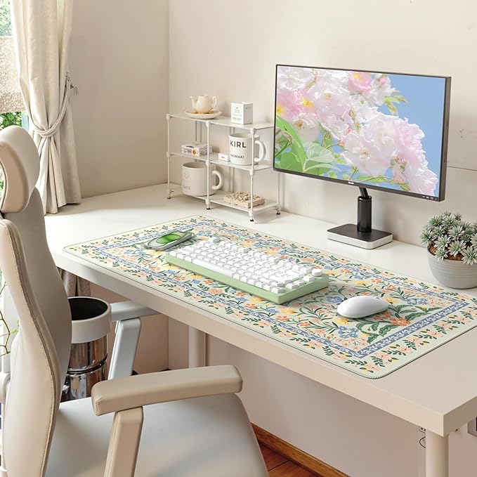 HAOCOO Desk Mat for Keyboard and Mouse, Large Keyboard Mats for Desk, Cute Desk Mat with Non-Slip Rubber Base, Computer Mat with Stitched Edges, Office Aesthetic (Green)