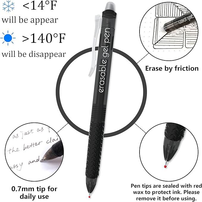 Vanstek 18 Black Retractable Erasable Gel Pens Clicker, Fine Point(0.7), Make Mistakes Disappear, Premium Comfort Grip, Black Ink for Planners, Note Taking and Crossword Puzzles