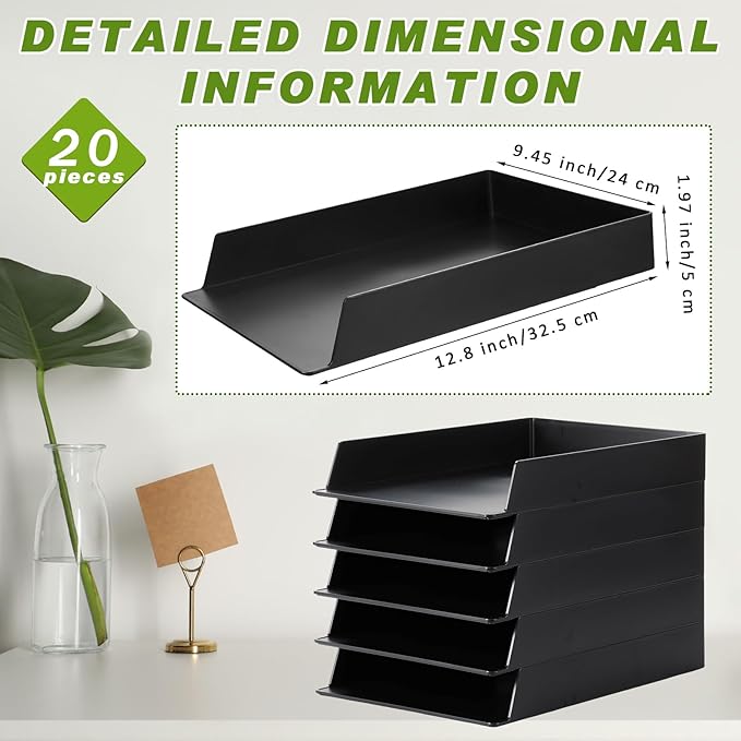 Wenqik 20 Pcs Stackable Paper Trays Rectangular Plastic Desk Holder Desktop Document File Organizer Storage Letter for Back to School Office Classroom (Black)