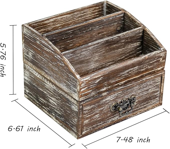 Office Desk Organizer with Drawers & Dark Brown Vintage Wood Desktop Storage Caddy 2pcs/set Workspace Supplies Farmhouse Mail Countertop Organizer Makeup Storage Box for Home Decor Supplies Vanity……
