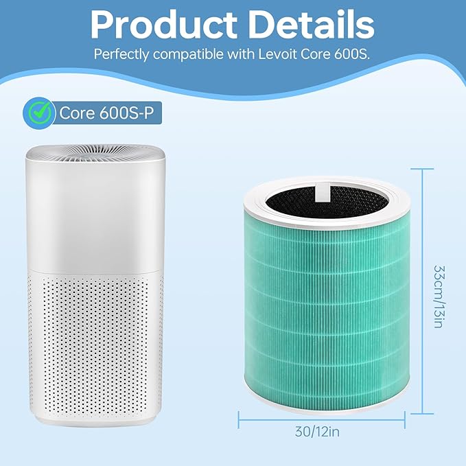 Core 600S Replacement Filter Compatible With Levoit Core 600s, 3-In-1 High-Efficiency Filter And Activated Carbon Filter, Part#Core 600S-Rf for Home Dust/Smoke Odors/Pet Dander Removing, 2Pack, Green
