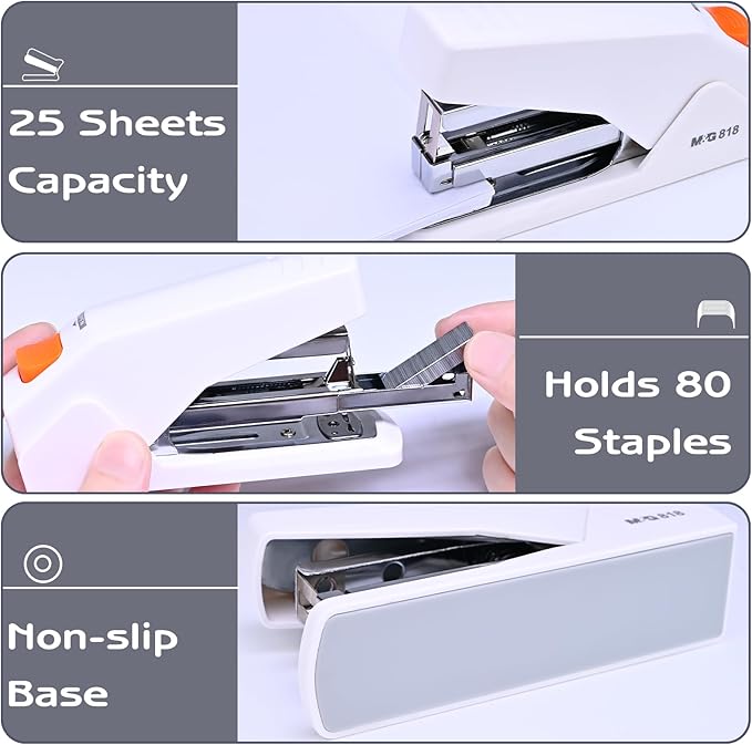M&G Effortless Stapler with 1000 Staples for Desk, 25 Sheets Capacity Heavy Duty Desktop Staplers, Jam Free, Easy to Load, Ergonomic One Finger Touch Stapler for Office School Supplies (White)
