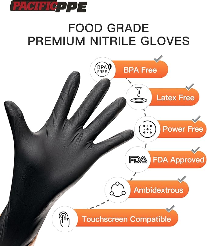 PACIFIC PPE 6-mil Black Nitrile Disposable Gloves, Food-Safe, Powder-Free, Cleaning, Textured Fingertips, Latex-Free, Medium