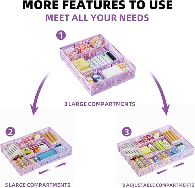 Marbrasse Expandable Desk Drawer Organizer, Mesh Drawer Organizer Tray with 10 Adjustable Compartments, Desk Organizers and Accessories for Office Supplies, Makeup & Vanity (Expandable-Purple)