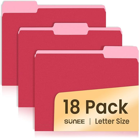 SUNEE File Folders, 18 Pack Manilla Folders 8.5 x 11, Colored File Folders Home Office School Supplies for Documents Files Paper, Red