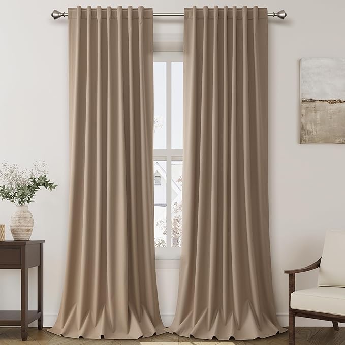 Blackout Tan Linen Curtains 96 Inches Long Back Tab Heat Reflective Full Light Block Out Curtains 2 Panels for Bedroom Windows Textured Long Draperies with Liner Floor to Ceiling Length 8 Ft 52x96