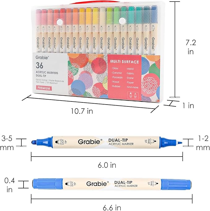 Grabie 36 Dual Tip Acrylic Paint Markers, Acrylic Paint Pens, Fabric Markers for Fabric, Canvas, Rock, Glass, Wood, Paper, DIY, Canvas DIY Art Supplies Kit, Set of 36