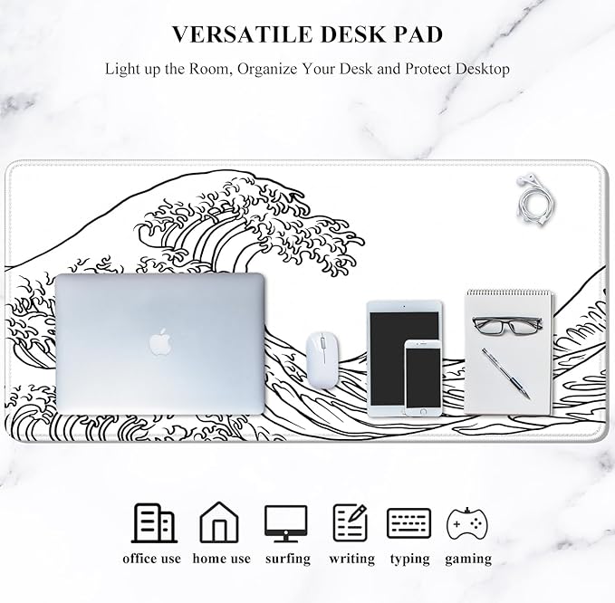 Auhoahsil Large Mouse Pad, XXL Gaming Mousepad, Desk Mat for Desktop, Thick Rubber, Big & Long Size, Stitched Edges, Full Desk Pad for Laptop & Computer, Extended 35.4 x 15.7 in, White Great Wave